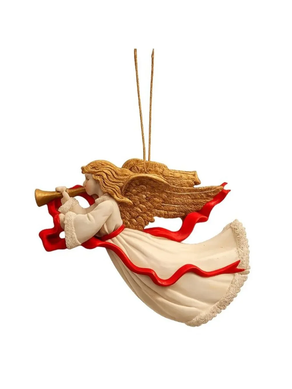 Vintage Flying Angel Trumpet Christmas Ornament Gold Wings Red Ribbon 4.5